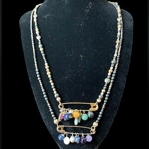 Rainbow Gemstone Artisan Sterling Silver Beaded Double Strand Paperclip Necklace